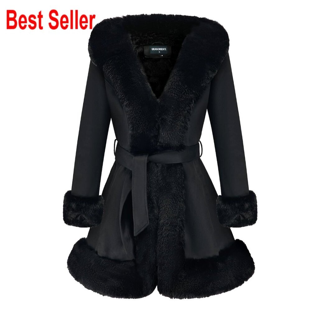 Faux Fur Collar Suede Jacket, Belted Winter Parka Coat, Long Sleeve Warm